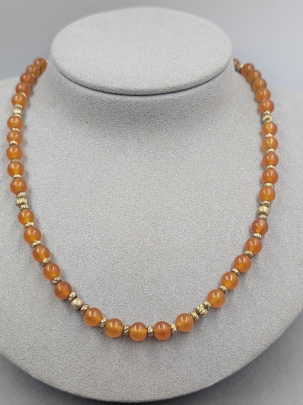 Orange Glass Bead Necklace Gold Tone Ribbed Spacers Adjustable | M180
